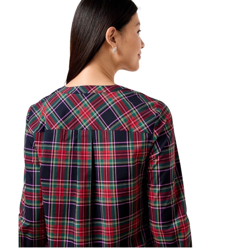 Talbots Dashing Plaid Band Collar Tunic Red Green Jewel Button Popover Large - Picture 2 of 9
